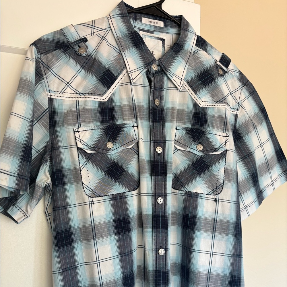 Men’s BKE Black and Blue Plaid Button Down Shirt - Large